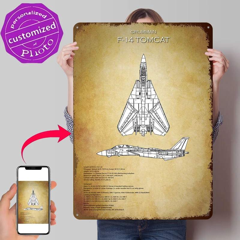 Grun F-14 Tomcat Blueprint Poster Retro 3D Printed Metal Signs Customized Wall Hanging Gift for Decoration Home Decor Items Art