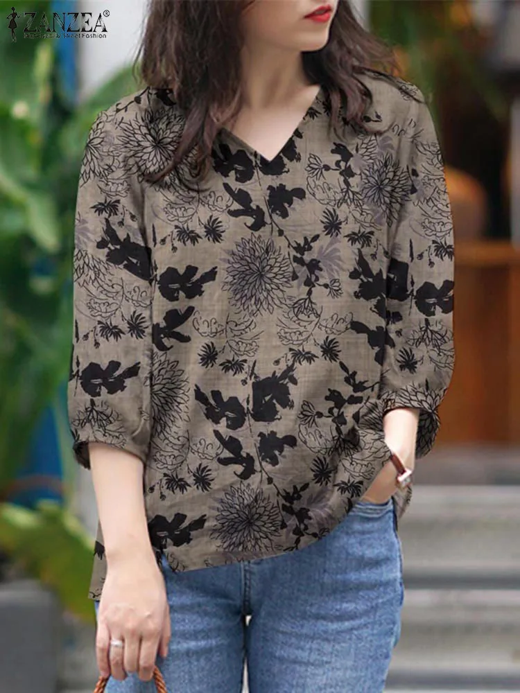 ZANZEA Summer Vintage Floral Blouse Women Bohemain Printed Shirt V Neck 3/4 Sleeve Tops Casual Holiday Blusas Tunic Oversize