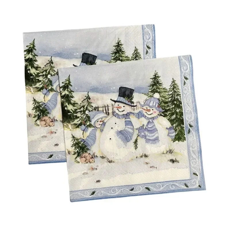 Servilletas navideñas de 2 capas, 10/20 piezas, 33x33cm, decoración para fiestas, papel, tres muñecos de nieve navideños, manteles individuales de papel impresos con dibujos animados