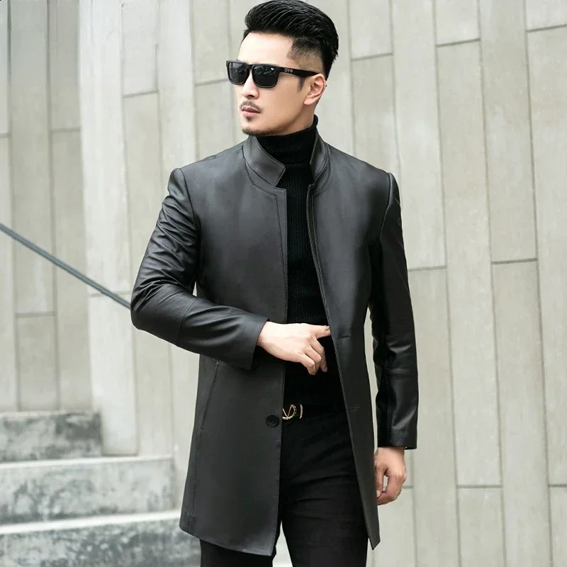 YOLANFAIRY Genuine Leather Jacket Men Medium Long Sheepskin leather Jackets Slim Business Casual Stand Collar Coat Spring Autumn