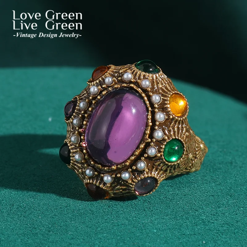 

Vintage Purple Natural Stone Rings Woman Medieval Colored Glass Crystal Oval Shape Jewelry Wedding Retro Bride Accessories 2025