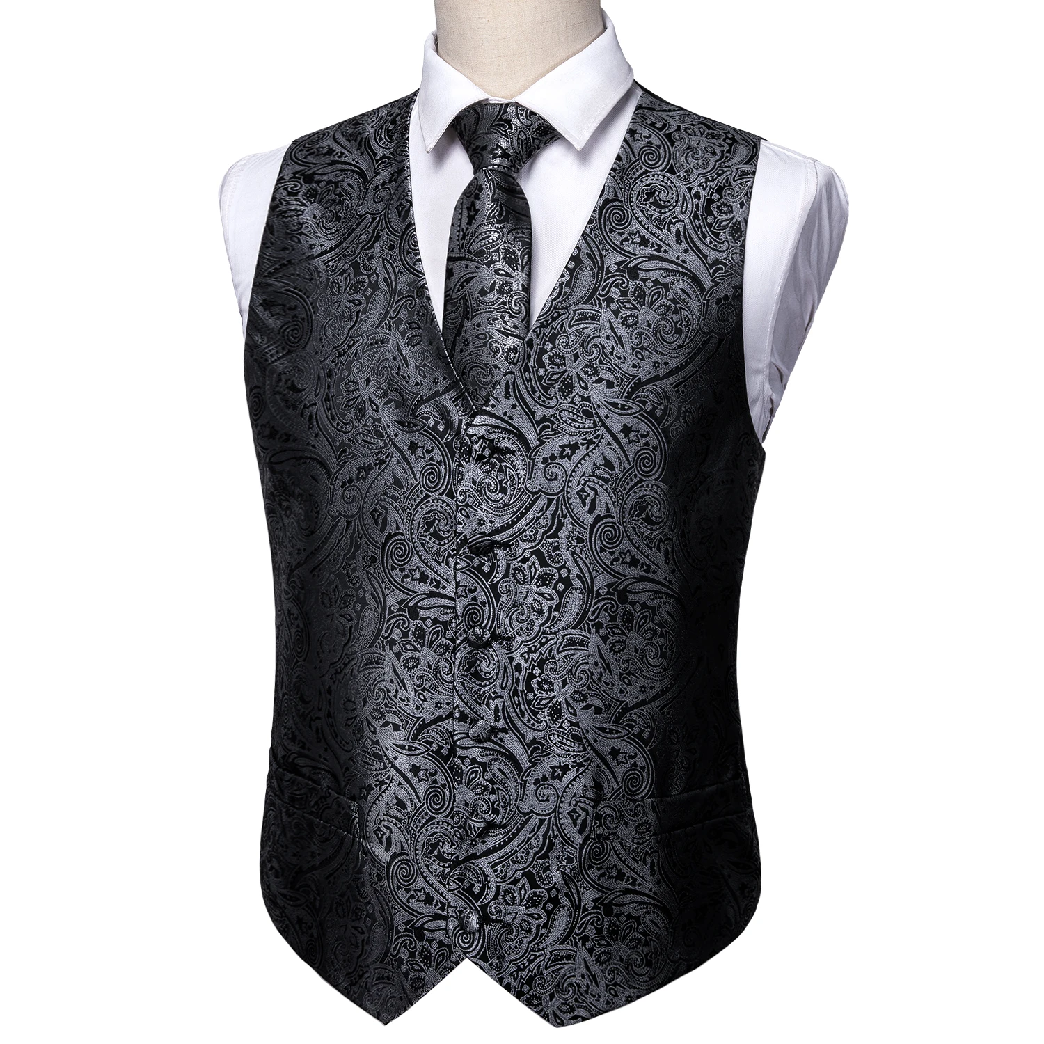 Black White Gray Silver Silk Men Vest Tie Hanky Cufflinks Set Jacquard Waistcoat Sleeveless Jacket Wedding Business Barry.Wang