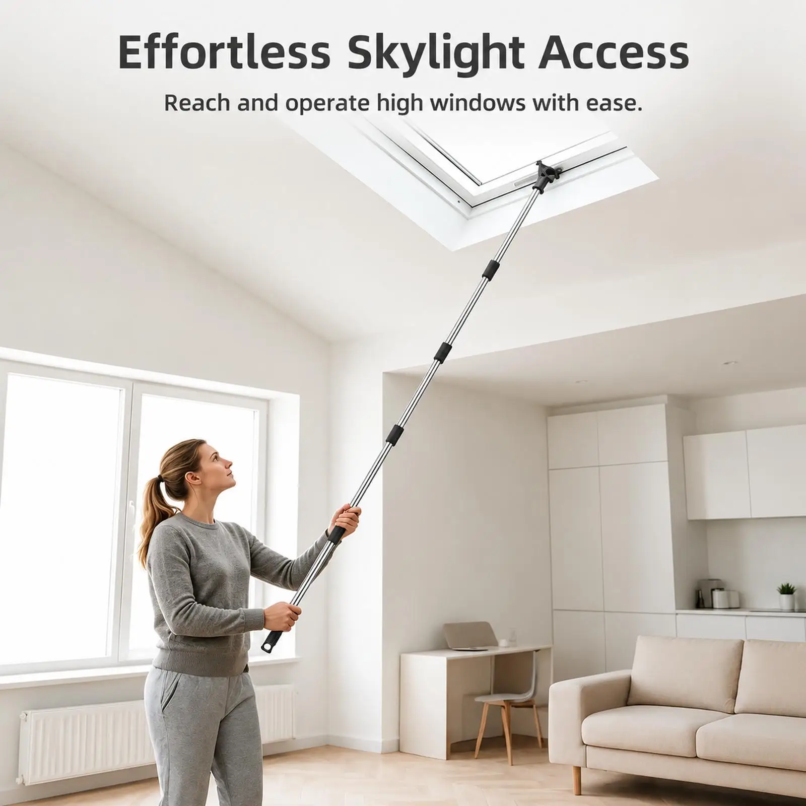 Opening Closing Skylight Shade Pole with Hook Stainless Steel 3 4 Inch Thread for Tall Window Accessibility