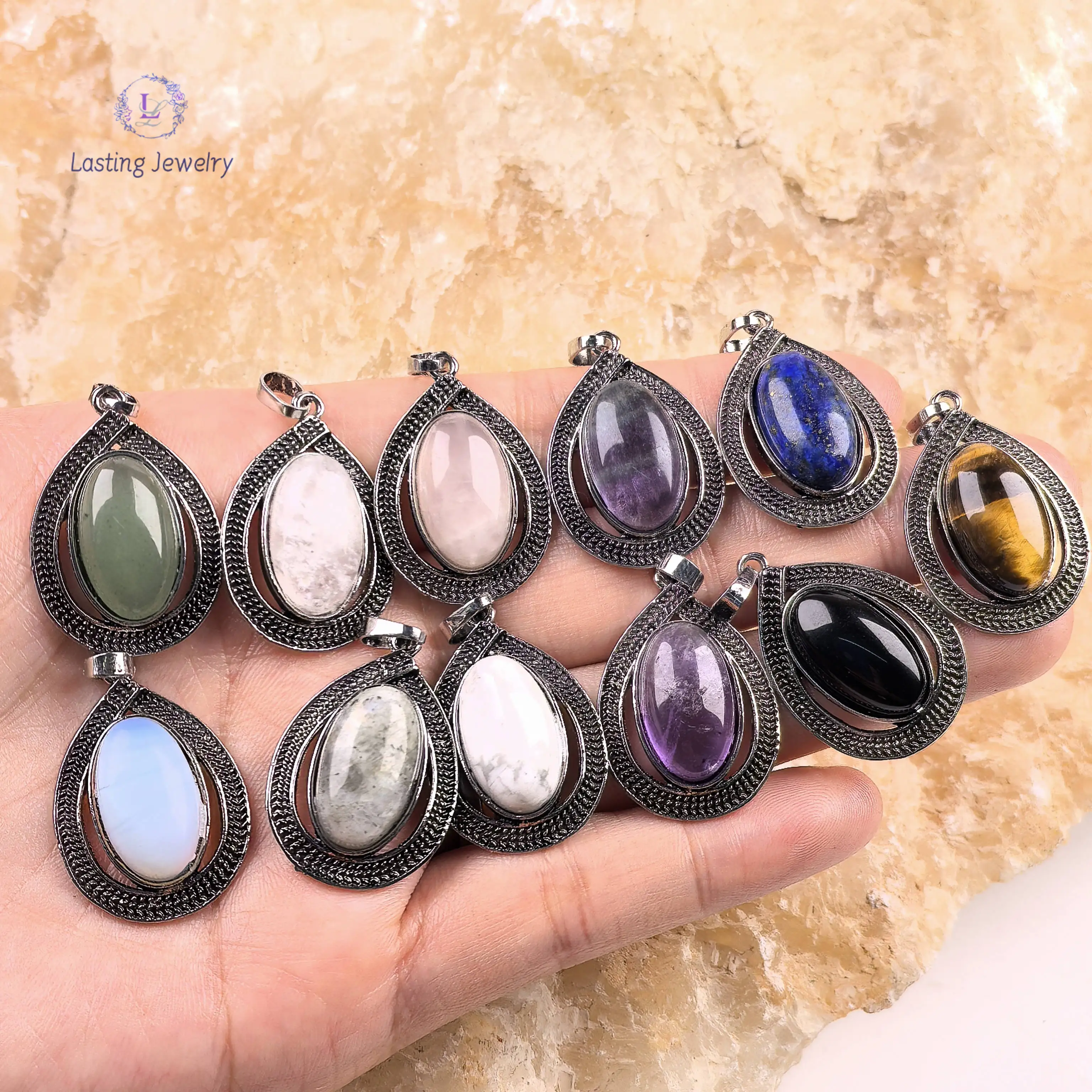 

Antique Silver Hollow-out Teardrop Pendants,Healing Crystal Gemstone Amethyst Lapis Aventurine Charms Necklace Jewelry Making