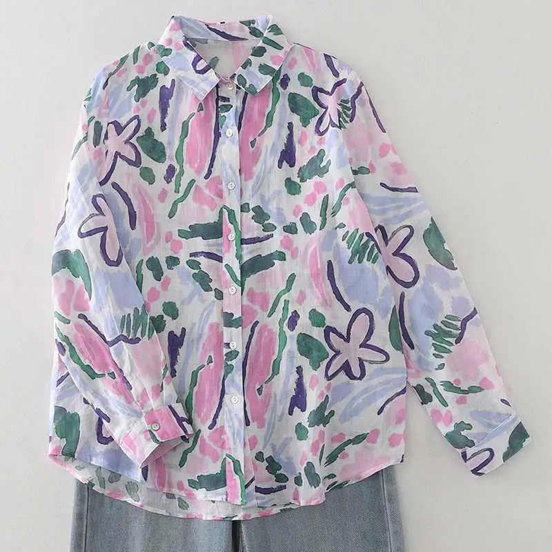 

Дышащая женская повседневная одежда Long Sve Ink Printed irt из смеси хлопка и льна из тонкой ткани Autumn Faion irt