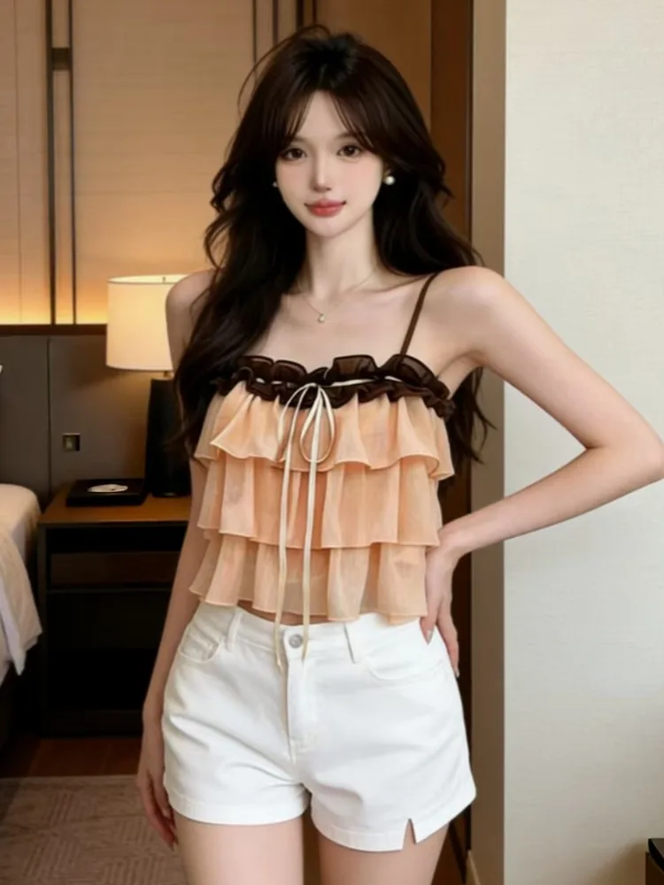 

Sweet Pure Desire Multi-Layer Ruffle Sleeveless Short Crop Top Women's Summer Holiday Spicy Girl Style Chiffon Strap Vest