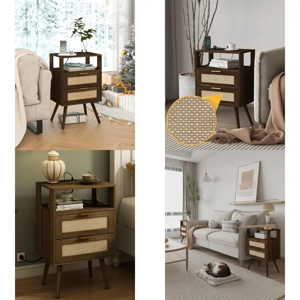 

Walnut Brown Solid Wood Nightstand with Charging Station and Storage Drawers for Bedroom and Compact Spaces