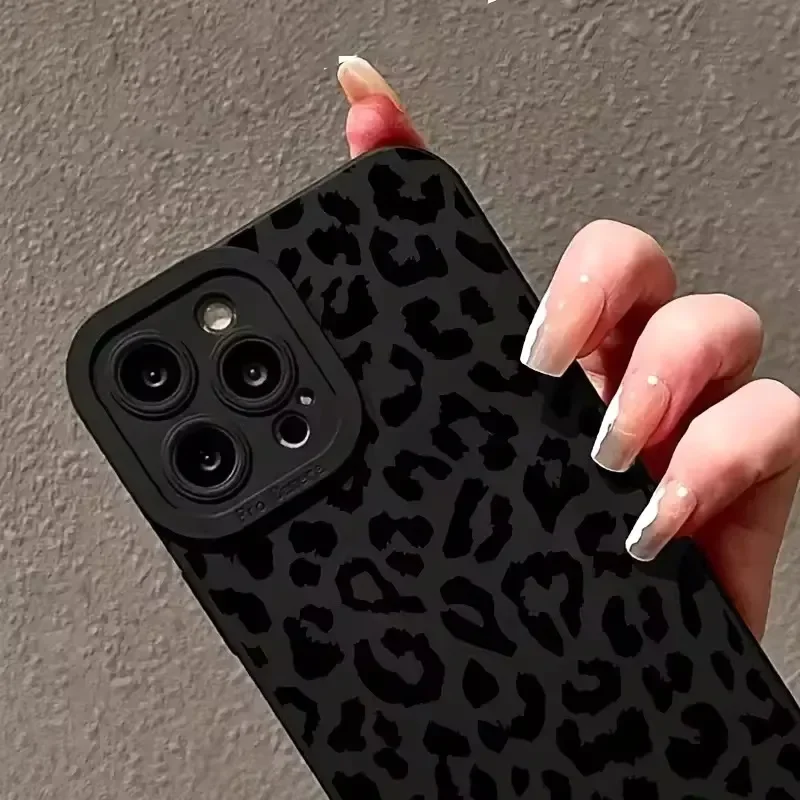 Black Leopard Print Silicone Case for iPhone 16 15 14 Pro Max 12 13 Mini 11Pro XS XR 7 8 Plus Dustproof Shockproof Cover - náhled 5