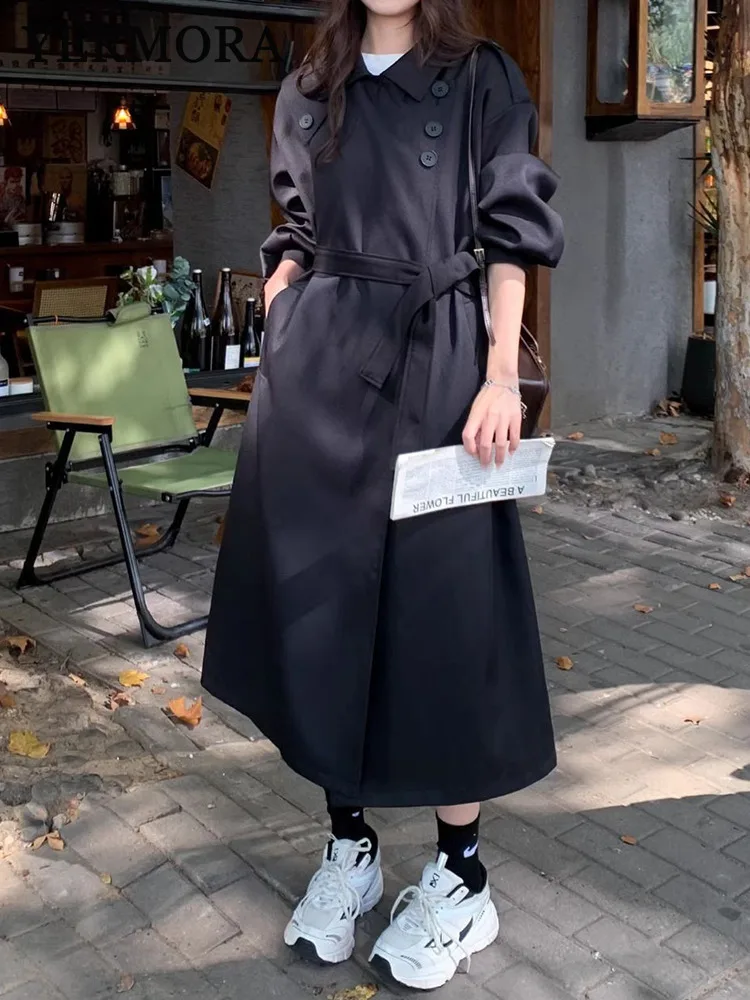 

YERMORA Black Belted Button Casual Trench For Women Lapel Long Sleeve Loose New Windbreaker Fashion Tide Spring Autumn 2025
