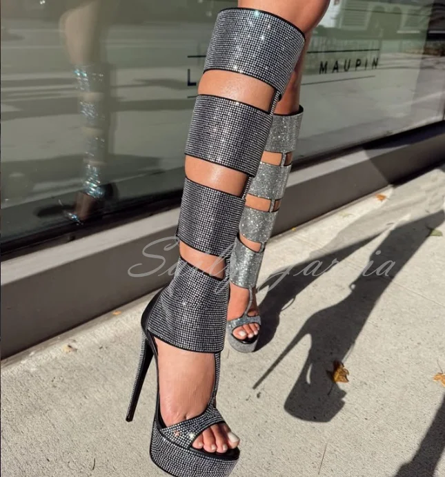 Women Platform High Heel Crystal Sandals Open Toe Stiletto Heel Hollow Cut Out Punk Style Side Zipper Rhinestone Knee High Boot