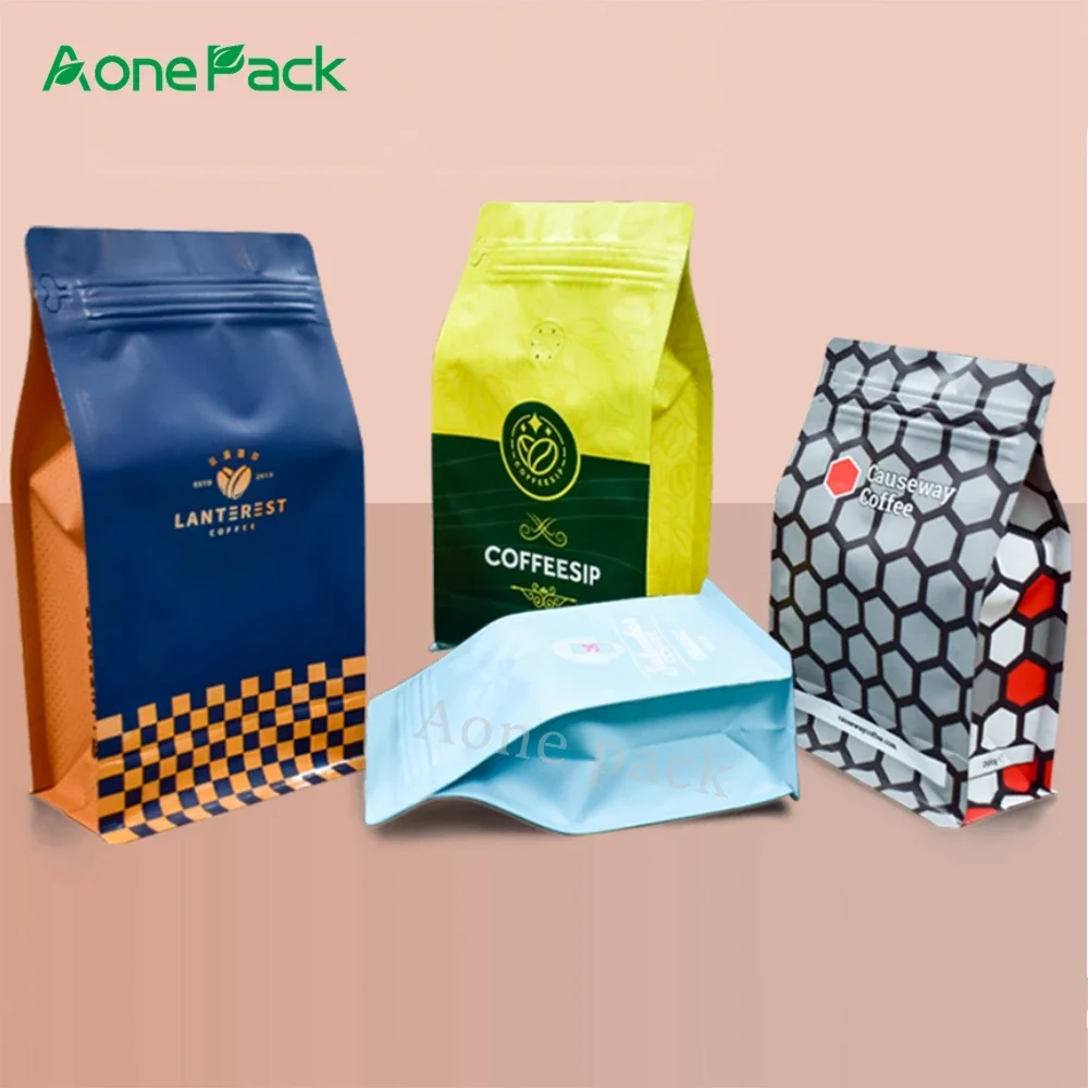 Customized Printing Coffee Bean Powder Bags with Valve Snack Potato Chip Dried Fruit Food Flat Bottom Packaging Bag with LOW MOQ