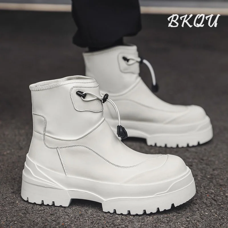 BKQU White High Help Work Boots Hipster British Style Hiking Outdoor Hiking Winter Plus Fleece Platform Boots Men's Motorcycle