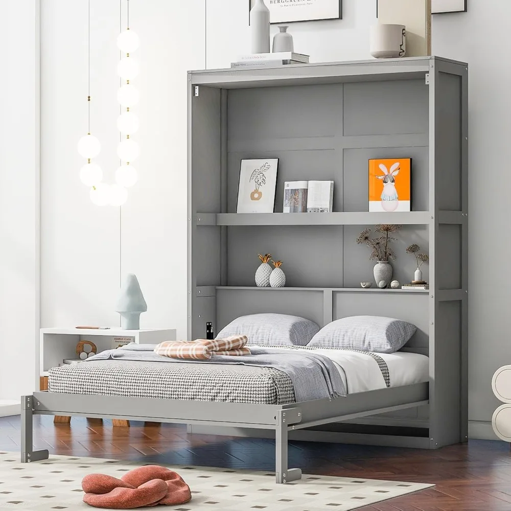 Full Size Murphy Bed Wall Bed Cabinet with Storage Shelves, Space-Saving for Multipurpose Guest Room or Home Office, Gray