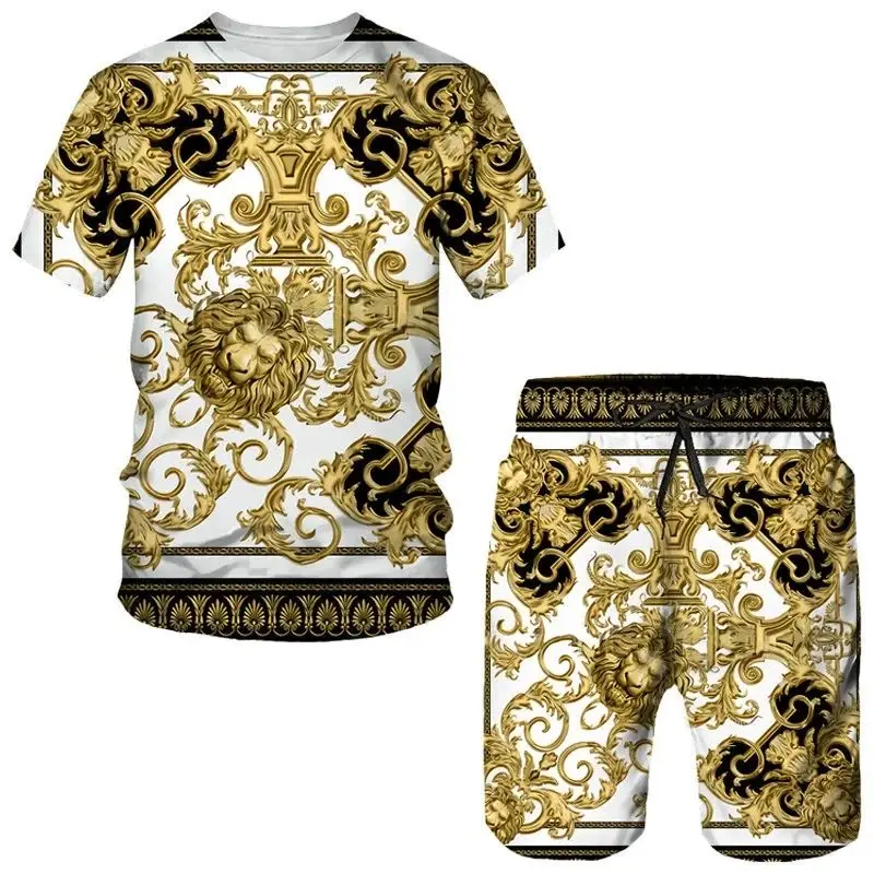 

Summer New Golden Lion Statue Pattern Men's T-Shirt Set 3D Print Men's TeeShortsSuit Baroque Style Streetwear Luxury Men's Set