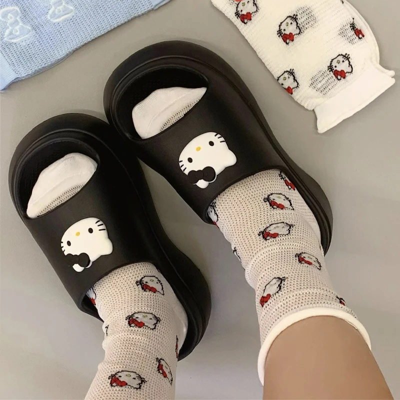 Sanrio Hello Kitty Anti-Slip Cotton Socks Cartoon Cute Lolita Jk Sweat Absorbing Breathable Mesh Stretch Socks Mid-calf Socks