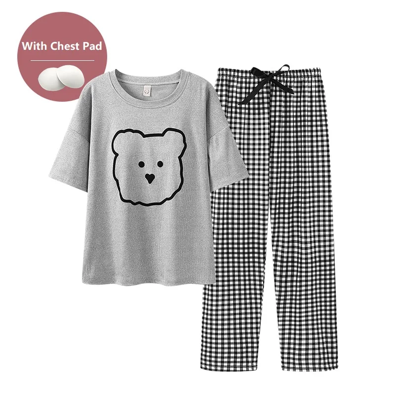 With Chest Pad Summer Style Pyjamas Women Short Sleeve Female Plaid Print Princess Pajamas Set Lovely Cartoon Pijamas Feminino