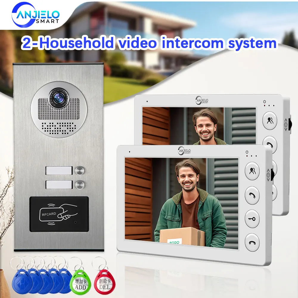 ANJIELO 2ユニットマルチアパートメントインターホンビデオドアベル、RFIDカードロック解除機能付き、7インチ4線式ビデオドアホンシステム