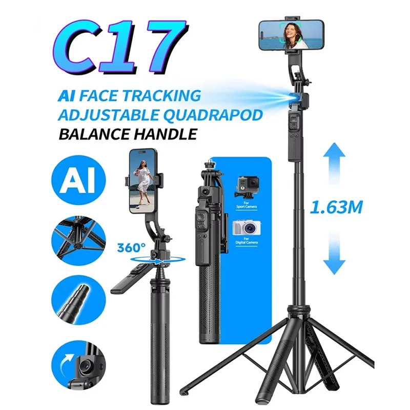 B47C C17 Monopod 360° Auto-Rotation AI Tracking Shootings Tripod Bluetooth Shutter For Phone Holder Wireless Selfie Stick