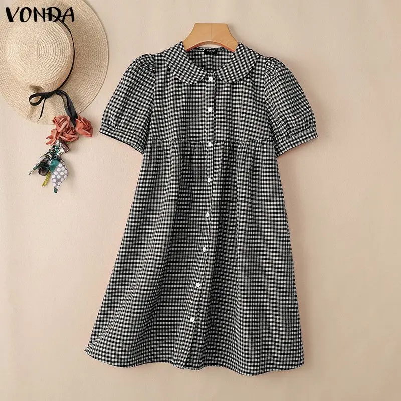 Kariertes Sommerkleid Kurze Robe Damen Bohemian Puffärmel Vestidos 2026 ZANZEA Lässiges Loses Peter-Pan-Kragen A-Linien-Sommerkleid 5XL