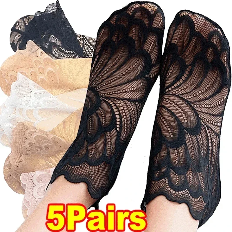 

5Pairs Women Lace Flower Mesh Socks Non-slip Invisible Liner Sock Female Elastic Comfy Thin Transparent Breathable Ankle Socks