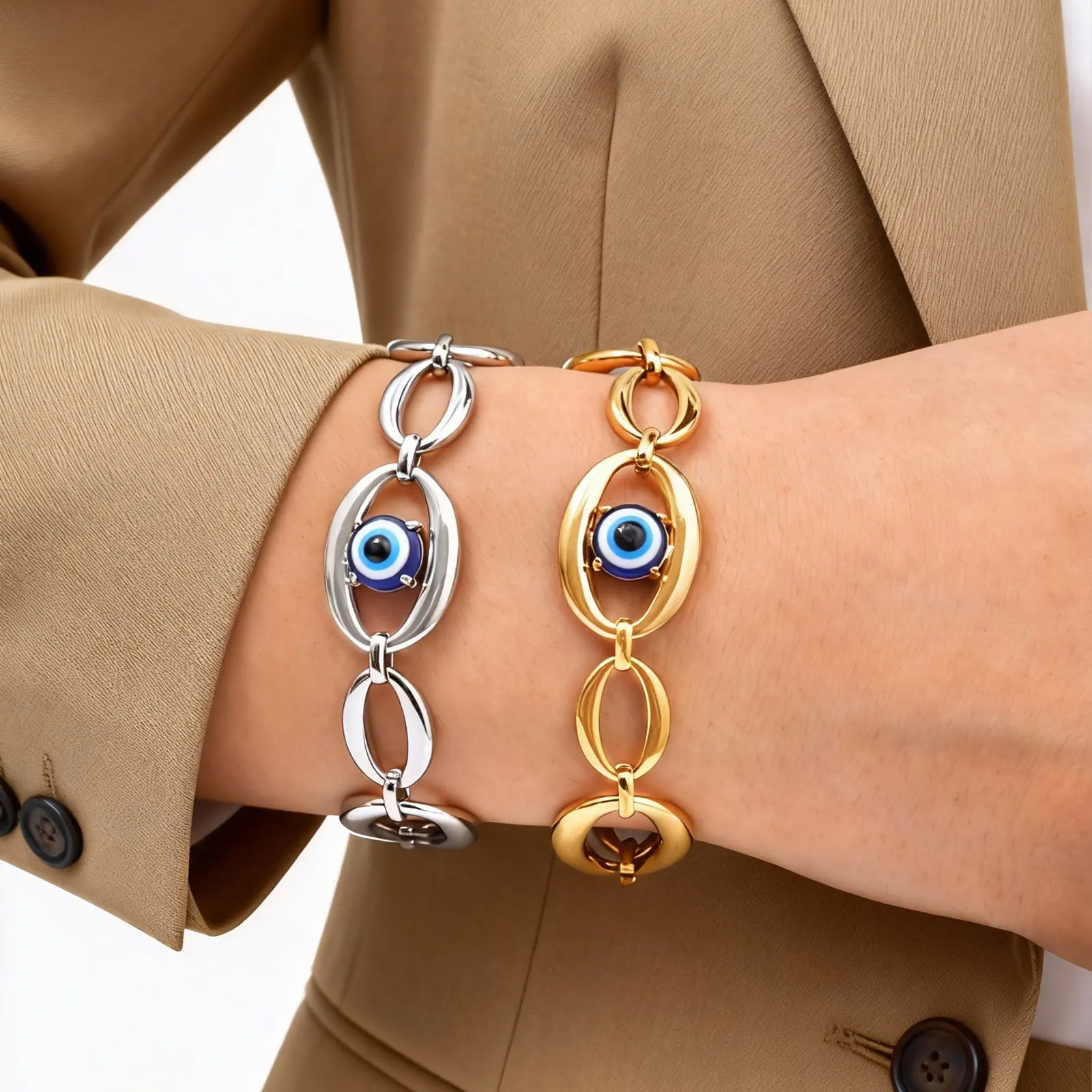 

Handmade Evil Eye Bracelet for Women,316L Stainless Steel Chunky Chain Bracelet Classy Trend Jewelry