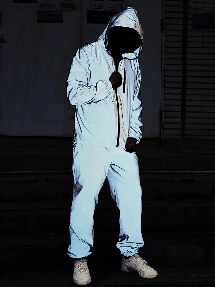 

Мужская и женская ночная светоотражающая куртка, комплект для пары, уличные водонепроницаемые пальто для верховой езды, бега, брюки, одежда для танцоров в стиле хип-хоп, певиц