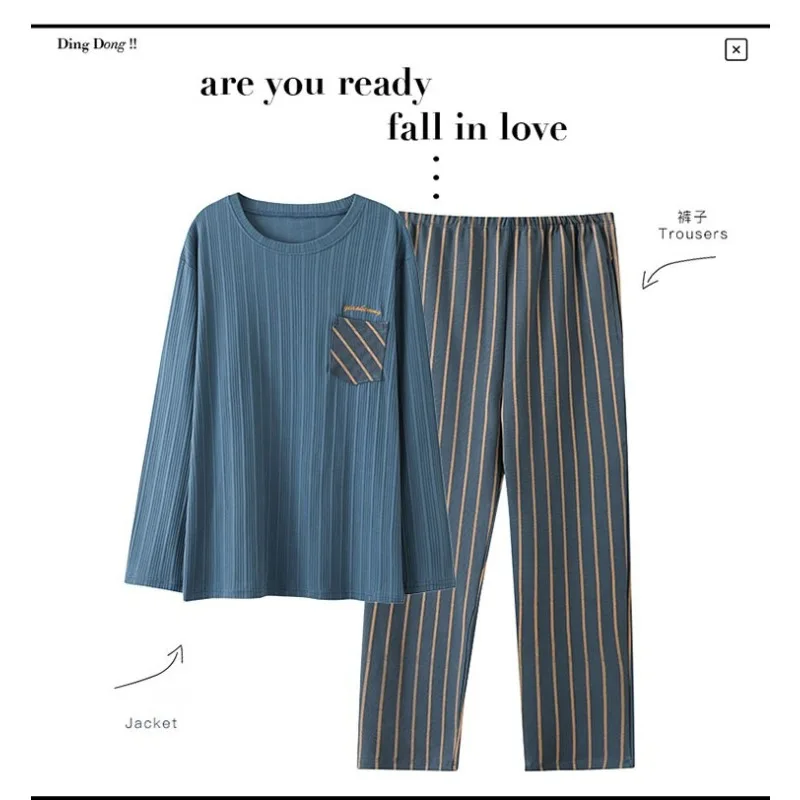 Ropa de dormir para hombre, jersey de manga larga de algodón puro para primavera y otoño, versión coreana, conjunto de traje para casa para adolescentes de talla grande