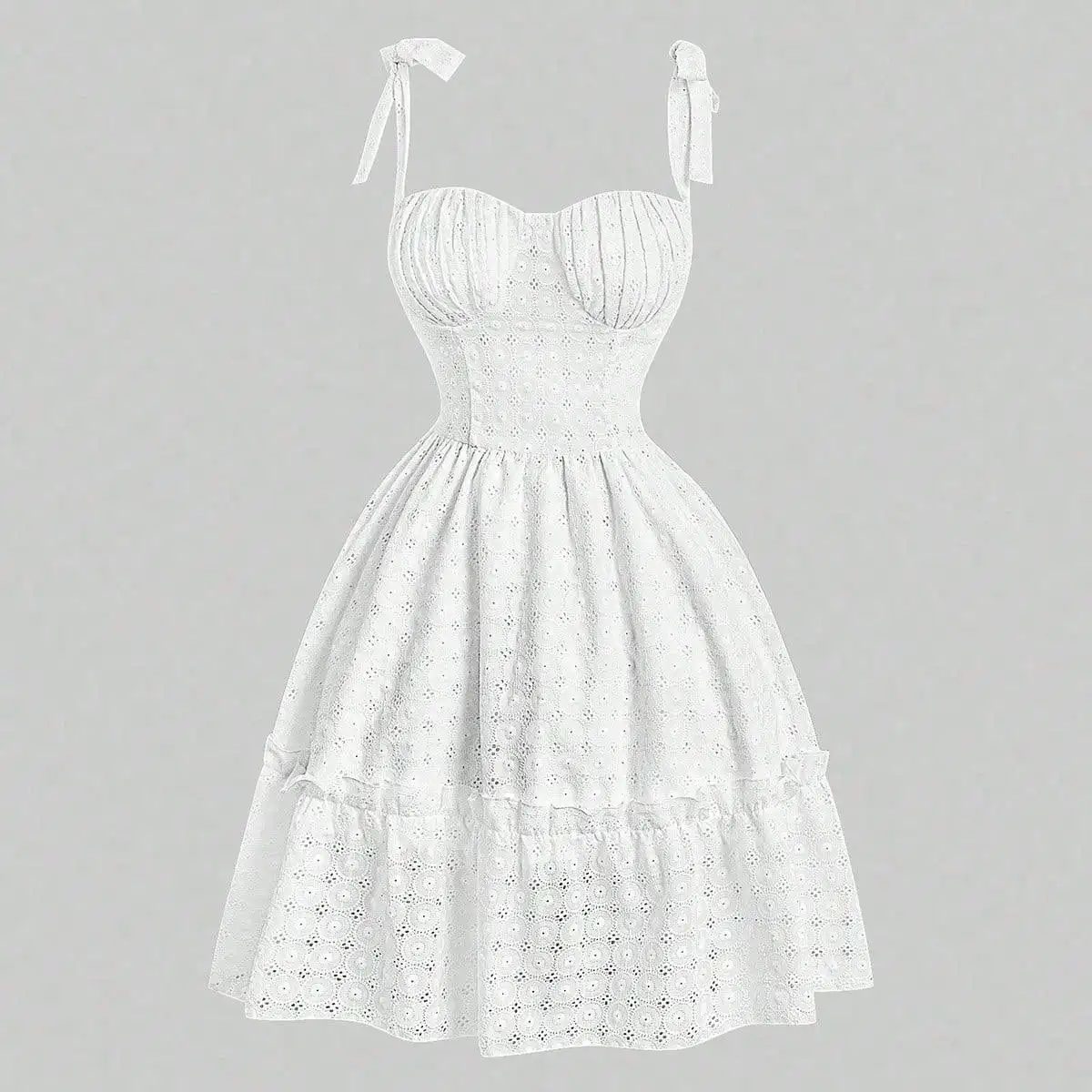 Minivestido feminino de renda de malha branca, decote doce, babados em camadas, festa elegante, vestido de verão feminino