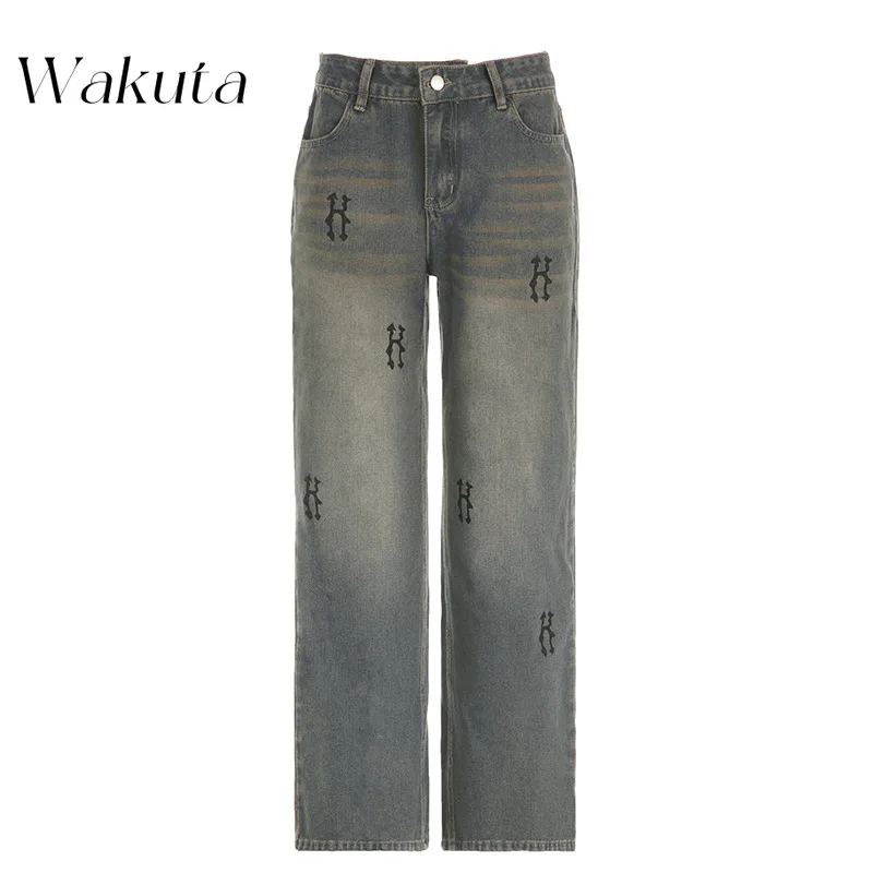 WAKUTA American Classic stile Hip-hop a vita bassa vecchia stampa semplice lettera Jeans Street pantaloni larghi Casual a gamba larga Capris femminile