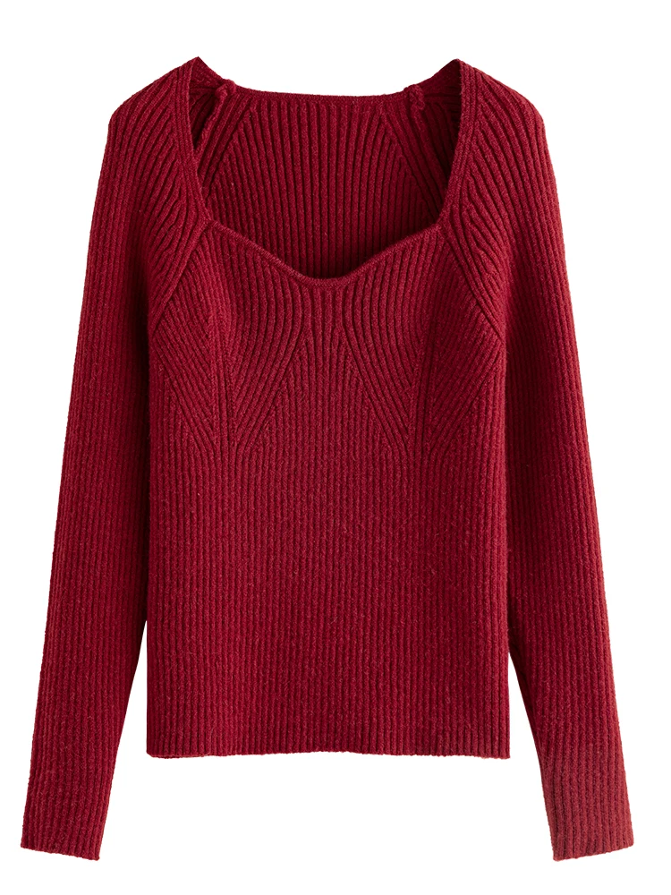 DUSHU Women\'S Palace Style Retro Square Neck Knitwear Women\'S Autumn Winter Red Overlay Top Casual Red Sweater For Women