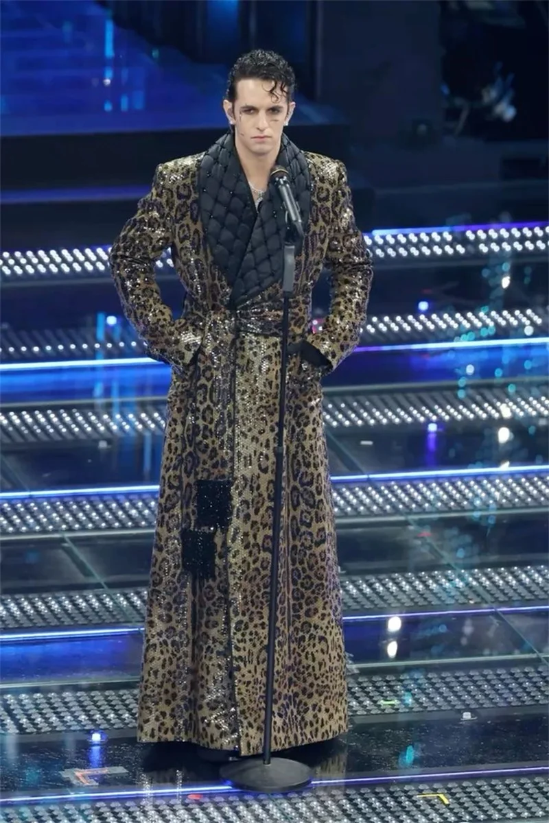 Leopard Men Suits 1 Piece Long Blazer Overcoat Shiny Sequins Prom Wedding Tuxedo Coat Custom Made Formal Office Business Jacket