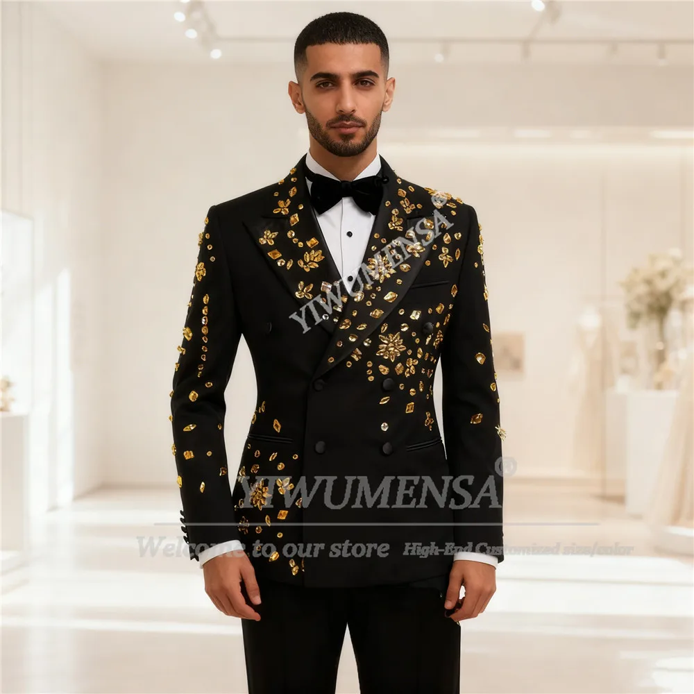 

Twinkling Gold Beads Stones Wedding Suits For Men 2 Pieces Sets Double Breasted Jacket Pants Customized Groom Tuxedos Outfits