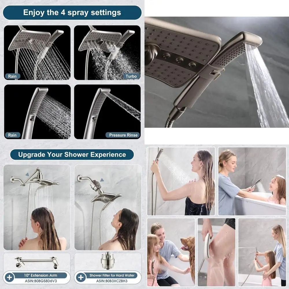 

Dual-Spray Brushed Nickel Shower Combo: Fixed & Handheld Shower Heads with Grey Faceplate