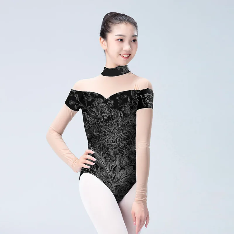 2024 New Printing Ballet Leotard For Women Long Sleeves Dance Leotard Mesh Stand-up collar Ballet Dancewear Sexy Swimsuit