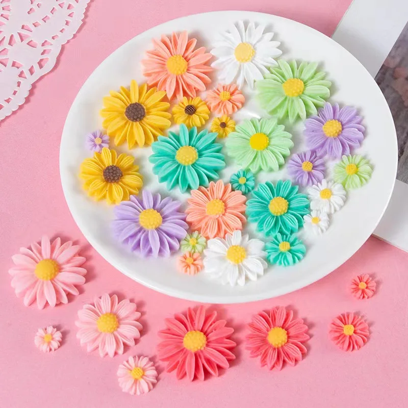 50pcs Mixed 10~26mm Chrysanthemum Flower Resin Flatbacks Cabochons Daisy Sunflower Embellishments For Diy Crafts Scrapbooking