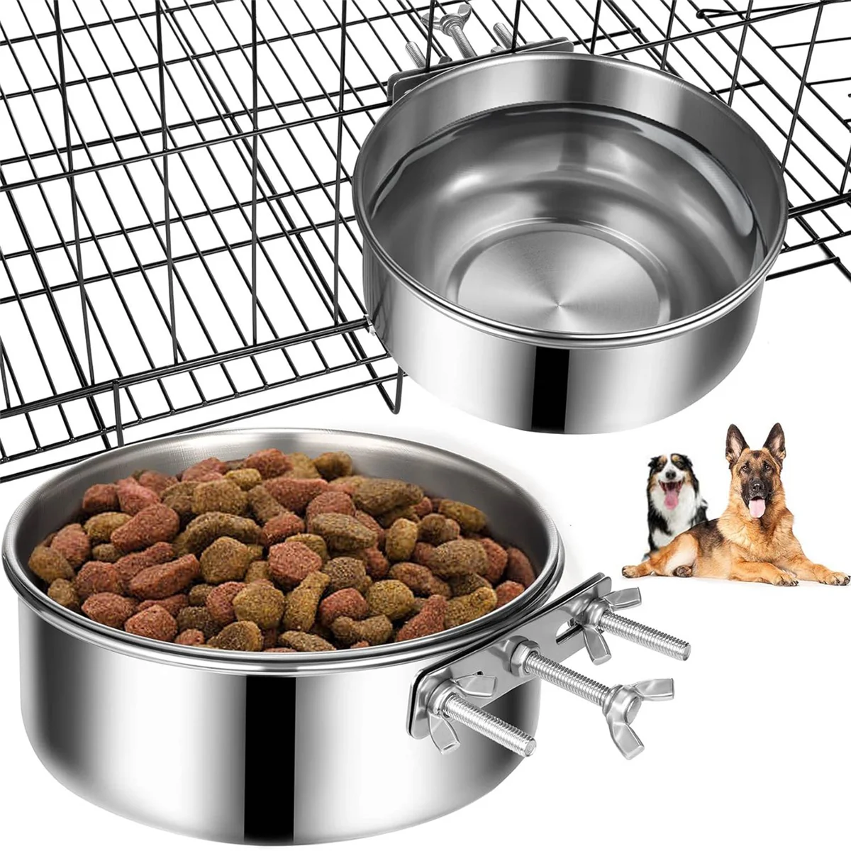 Dog Bowls 2 Pack, Stainless Steel Dog Food Bowl and Water Bowl, Hanging Dog Bowls for Cage Crate Kennel, Non-Spilling