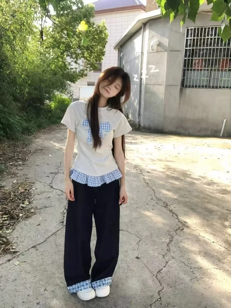 Coreano Sle Falso Top in due pezzi Donna Inverno Taglia piccola Colore Blo Plaid Splice Nodo oulder Inserto ort Sve...