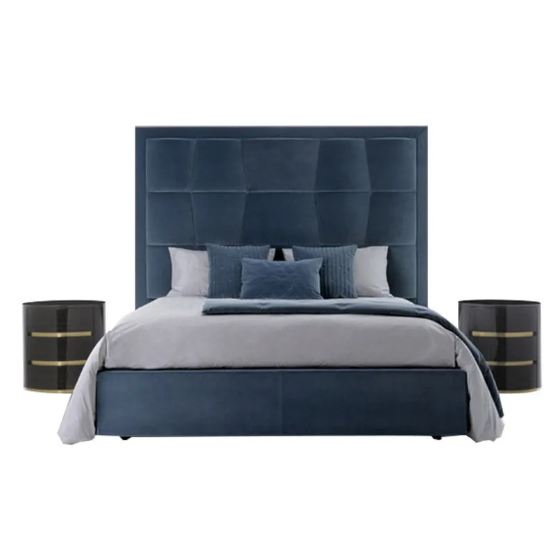 

American retro, fabric bed, master bedroom, modern simplicity, velvet, high back bed