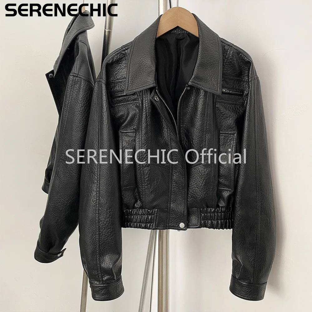 SERENECHIC Textured PU Aviator Coat with Elastic Hem Women's Black Cropped Faux Leather Jacket New Vintage Outerwear Female