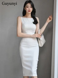 Elegant Office Lady Dress White Summer Slim Fit Korean O-Neck Sleeveless Simplicity Jacquard Style Tight Fitting Dress Women