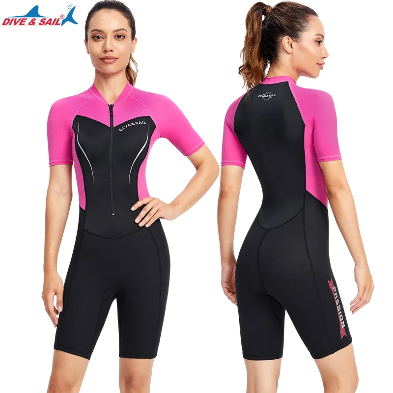 Shorty Wetsuit,1.5mm Neoprene+ Lycra Women's Keep Warm In Cold Water One-piece Short Sleeve Swimsuit Wet Suit UPF50+ Rash Guard