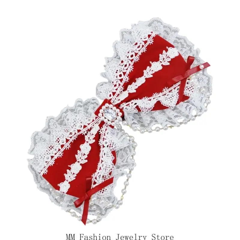 D0UB إكسسوار شعر تنكري مصنوع يدويًا بمشبك على شكل أنمي مع دانتيل ولؤلؤ مقلد للزي اليومي بتصميم ناعم #3