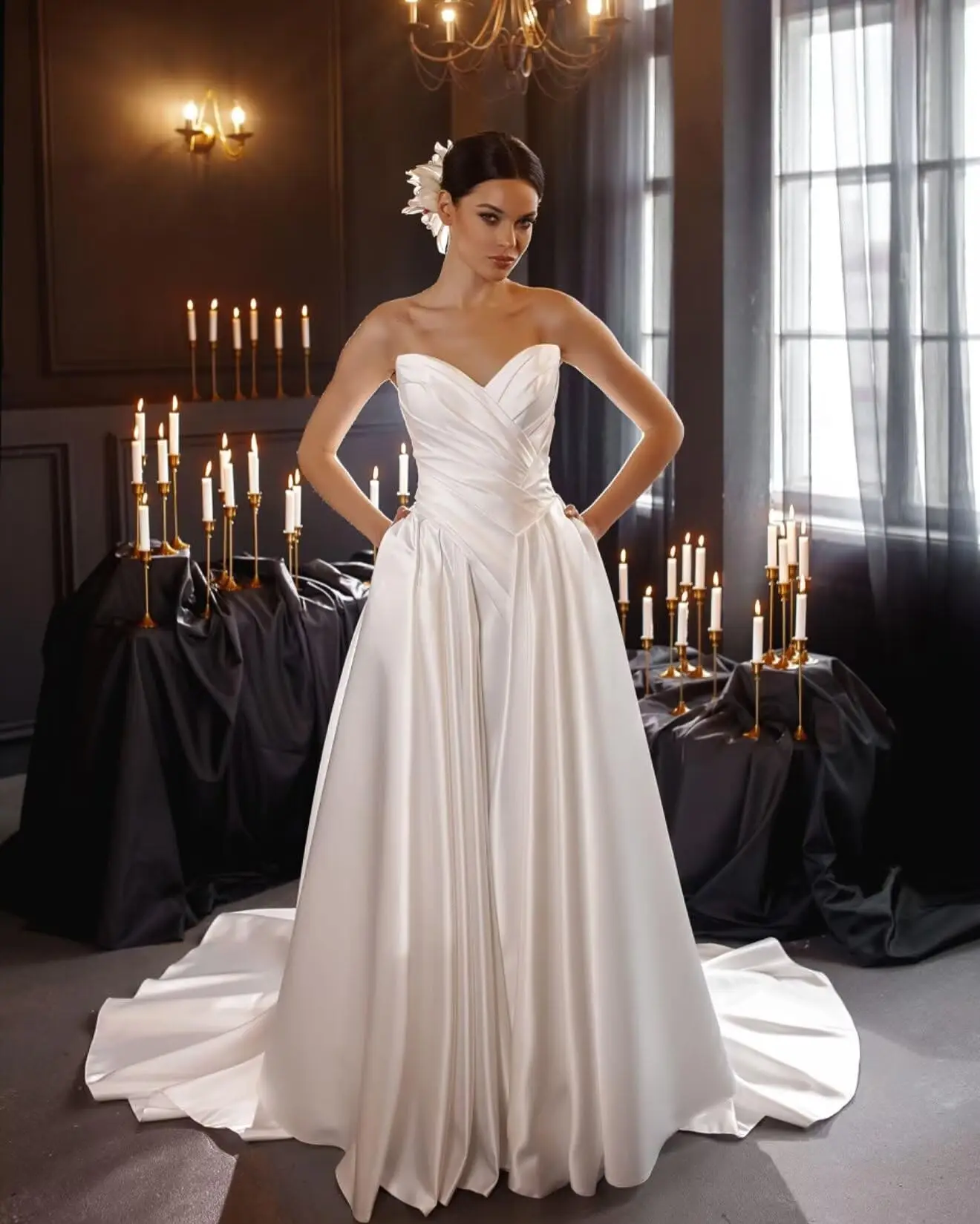 

Wedding Dresses for Bride Strapless Satin Prom Dresses Sweetheart Backless Wedding Gown with Train