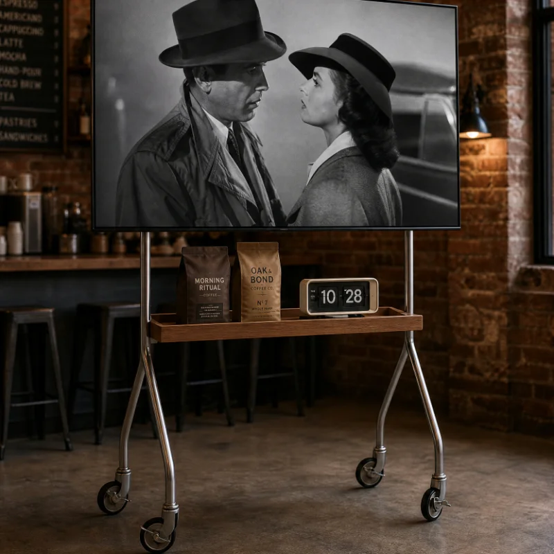 32-75 inches Mobile TV Cart with Wooden Storage Panel and Adjustable Mount Bracket Minimalist Design for Gaming and Movie Nights