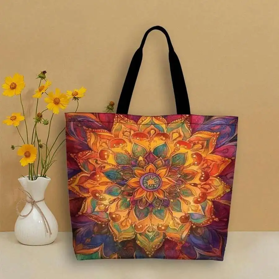 

Boho Mandala Floral Tote Bag Watercolor Lotus Design Canvas Shopping Bag For Women