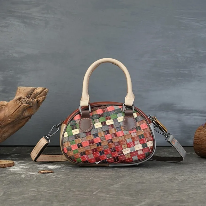 

Johnature 2025 New Hand Woven Genuine Leather Mixed Colors Shell Bag Random Color Blocked Women's Bag Versatile Shoulder Bags