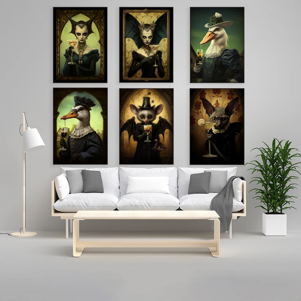 Gothic bat art, duck, martini print, vintage baroque renaissance vampire decoration, dark academic painting, gothic poster