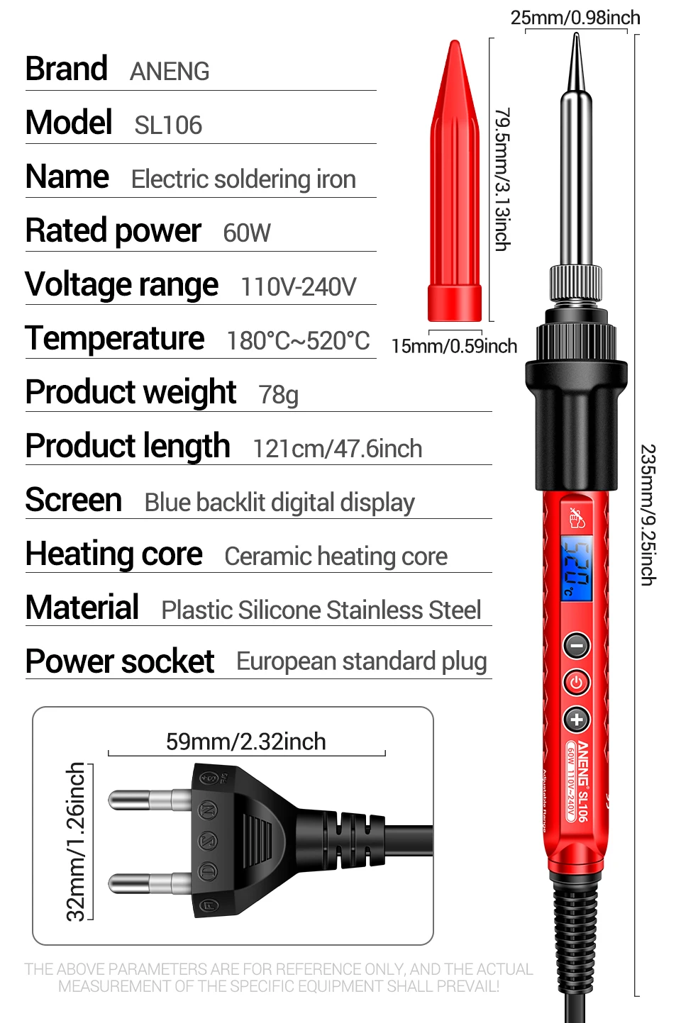 ANENG SL106 Elektrischer Lötkolben, 110 V/220 V, einstellbare Temperatur, Schweißlöt, US/EU-Stecker, professionelles Schweißwerkzeug – Detail 14