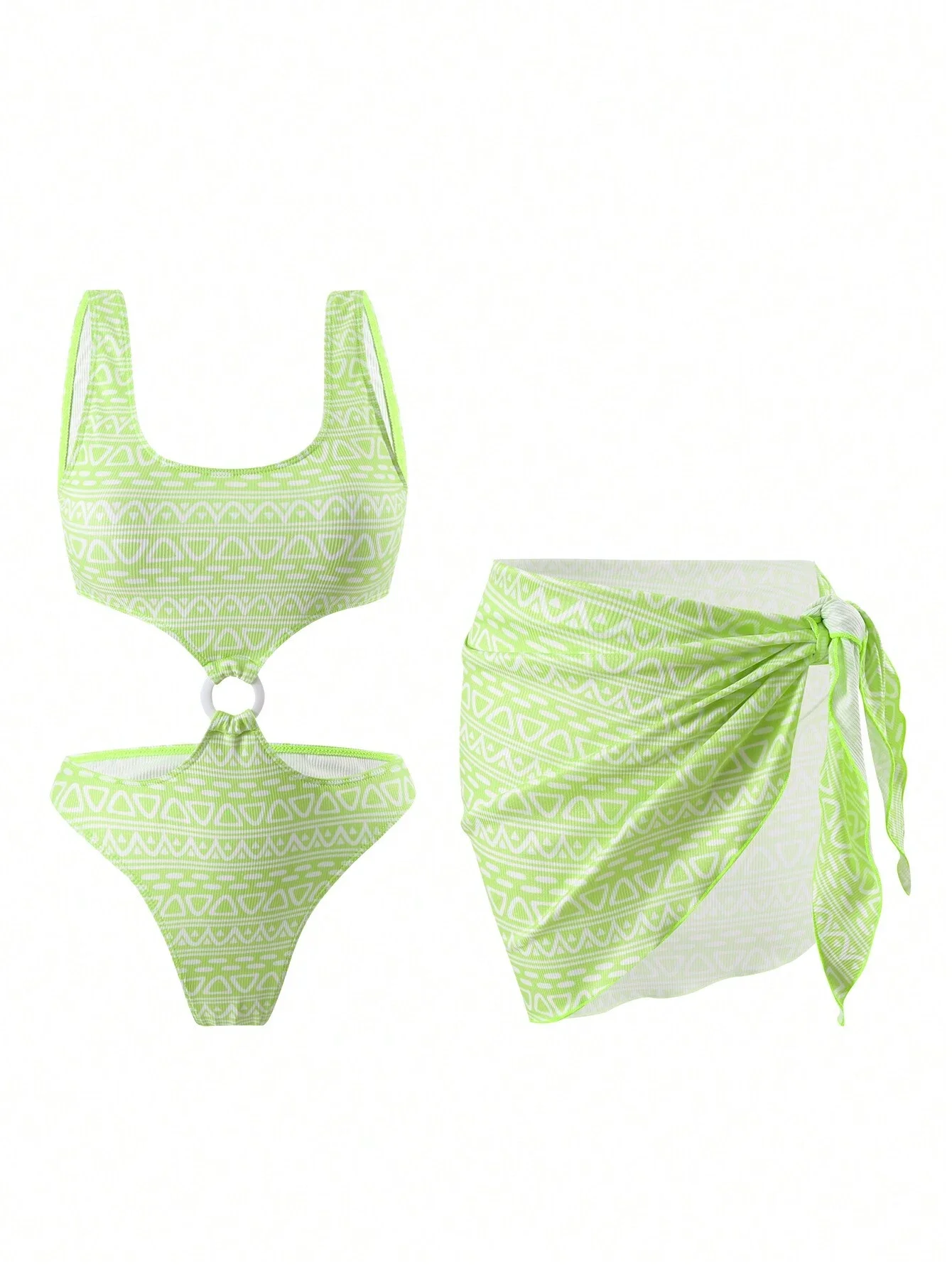 

Женский комплект бикини с геометрическим принтом и вырезами, с юбкой-накидкой