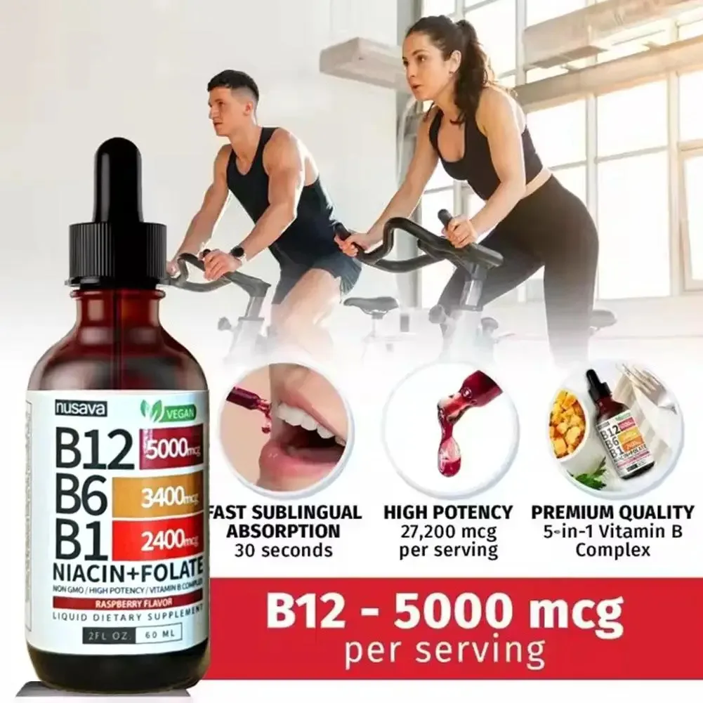 2 Bottle 60ml Vitamin B12 B6 B1 Liquid Drops 5000mcg, Sublingual B Complex Supplement for Metabolism Boost & Immune Support